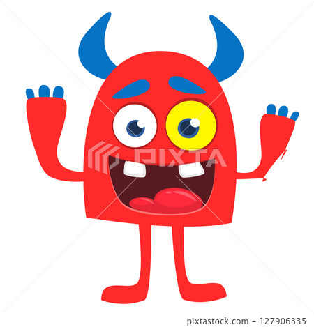 Cartoon cute monster with funny excited face expression waving hands . Vector illustration isolated on white. Halloween design 127906335