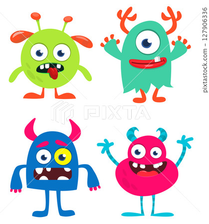 Funny cartoon monsters with different face expressions. Set of cartoon vector happy monsters characters. Halloween design for party decoration, package design Funny cartoon monsters with different face expressions. Set of cartoon vector happy monsters characters. Halloween design for party decoration, package design 127906336