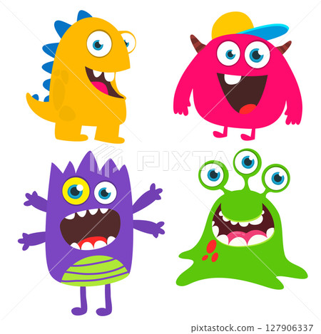 Funny cartoon monsters with different face expressions. Set of cartoon vector happy monsters characters. Halloween design for party decoration, package design Funny cartoon monsters with different face expressions. Set of cartoon vector happy monsters characters. Halloween design for party decoration, package design 127906337