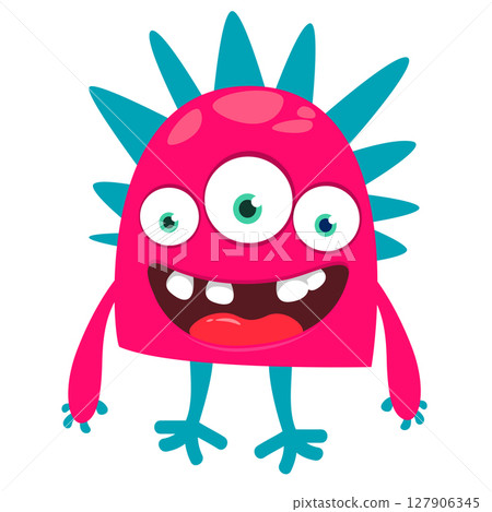 Cartoon cute monster with funny excited face expression waving hands . Vector illustration isolated on white. Halloween design Cartoon cute monster with funny excited face expression waving hands . Vector illustration isolated on white. Halloween design 127906345