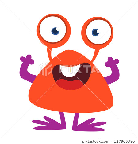 Cartoon cute monster with funny excited face expression waving hands . Vector illustration isolated on white. Halloween design Cartoon cute monster with funny excited face expression waving hands . Vector illustration isolated on white. Halloween design 127906380