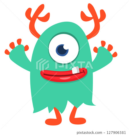 Cartoon cute monster with funny excited face expression waving hands . Vector illustration isolated on white. Halloween design 127906381
