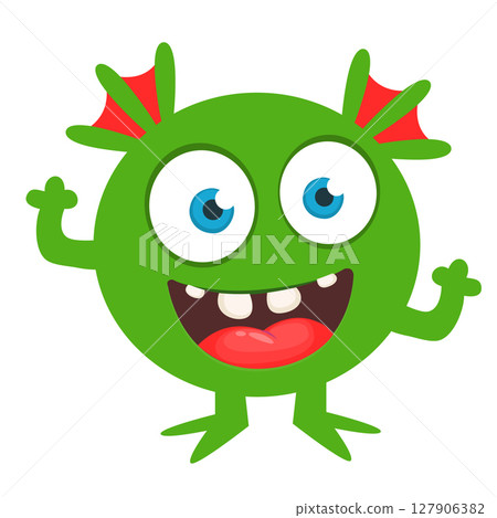 Cartoon cute monster with funny excited face expression waving hands . Vector illustration isolated on white. Halloween design 127906382