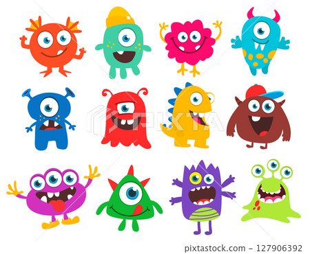 Funny cartoon monsters with different face expressions. Set of cartoon vector happy monsters characters. Halloween design for party decoration, package design Funny cartoon monsters with different face expressions. Set of cartoon vector happy monsters characters. Halloween design for party decoration, package design 127906392
