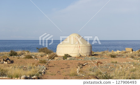 the yurt camp near Issyk kul lake in Kyrgyzstan, the nomadic style in Central Asia 127906493