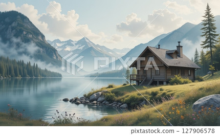 Mountain Lake Cabin Scenic Retreat with Misty Peaks 127906578