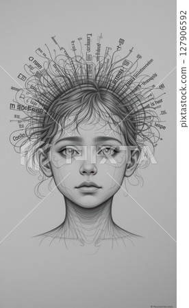 Overwhelmed Mind Young Person's Brain Filled with Information 127906592