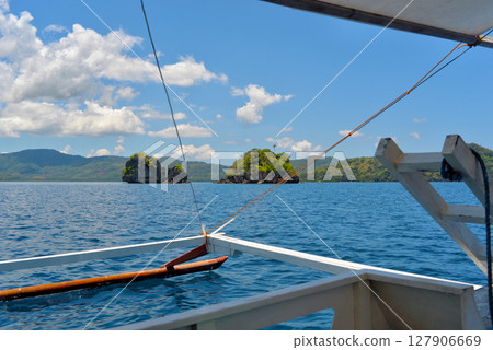 A view of El Nido rock clefs from a boat. Palawan boat tour travel concept 127906669