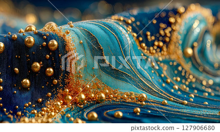 Photorealistic depiction of blue silk waves adorned with scattered golden spheres and shimmering gold accents, evoking a luxurious and elegant texture 127906680