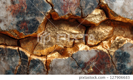 A striking close-up of a rock formation with rich golden veins running through its cracked surface, blending metallic textures with earthy stone patterns 127906683