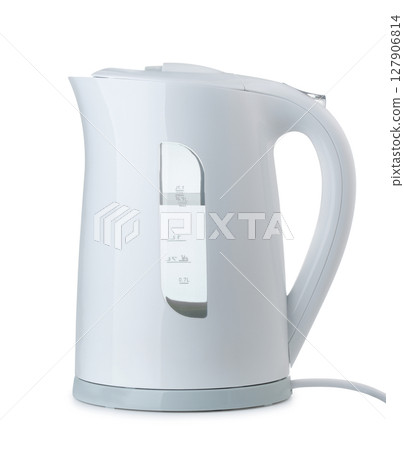 Side view of white plastic upright electric kettle Side view of white plastic upright electric kettle 127906814