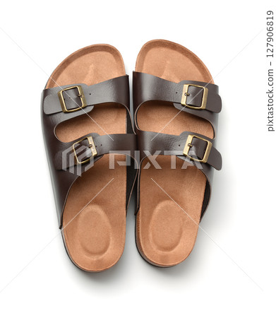 Top view of leather cork sandals Top view of leather cork sandals 127906819