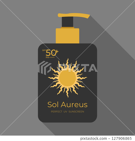 Sunscreen product package design with a golden sun. Pump bottle with a sunscreen lotion or cream. SPF 50. Vector illustration 127906865