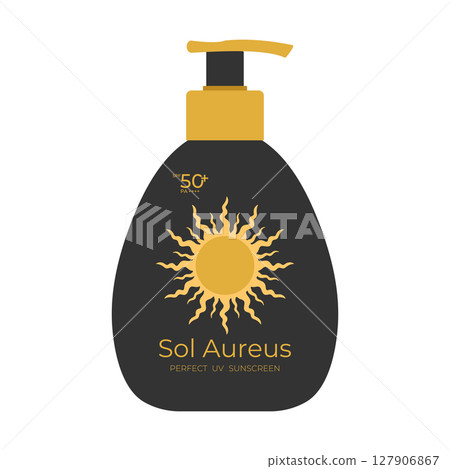 Sunscreen product design with a golden sun emblem. Pump bottle with a sunscreen lotion. Vector illustration Sunscreen product design with a golden sun emblem. Pump bottle with a sunscreen lotion. Vector illustration 127906867