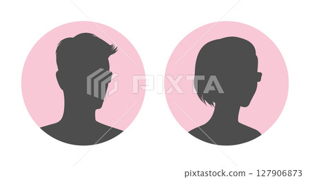 Round emblems with silhouette of a half turned man and woman in eyeglasses. Vector illustration Round emblems with silhouette of a half turned man and woman in eyeglasses. Vector illustration 127906873