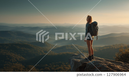 Female hiker standing on mountain cliff, enjoying breathtaking panoramic landscape view 127906964