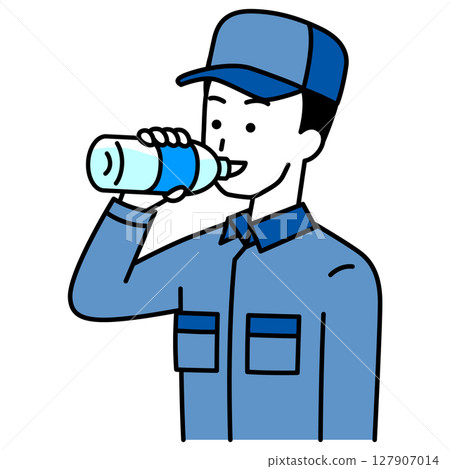 A man in overalls hydrating 127907014