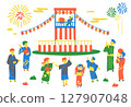 夏季節慶風景 | 盆舞、浴衣人物、塔和煙火的插圖 127907048