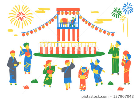 Summer festival scenery | Illustration of Bon Odori, people in yukata, tower and fireworks 127907048