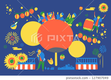 夏日祭夜景插圖｜身著浴衣的家庭、鼓、煙火 127907049