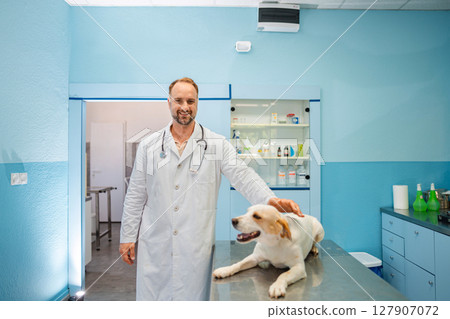 Caring veterinarian with a happy dog in a modern clinic setting Caring veterinarian with a happy dog in a modern clinic setting 127907072
