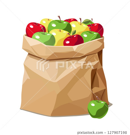 Paper bag full of apples. Vector fruit illustration in flat style. Summer clipart for diet design 127907198