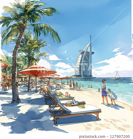 Popular beach scene in Dubai featuring families enjoying the sun near iconic architecture in a vibrant coastal environment 127907200