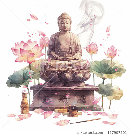 Buddha statue surrounded by lotus flowers and incense in a serene meditation setting Buddha statue surrounded by lotus flowers and incense in a serene meditation setting 127907201
