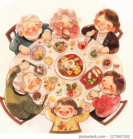 Family gathering around a festive meal with joyful expressions and a variety of dishes on the table 127907202