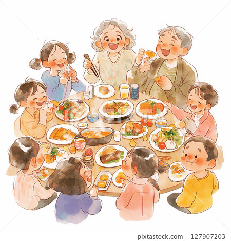 Family gathering at a dinner table filled with delicious food during a joyful celebration 127907203
