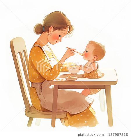 Mother feeding baby with a spoon at a dining table during a bright and cheerful afternoon in a cozy kitchen setting 127907218