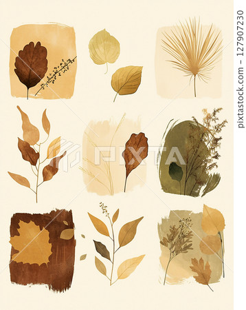 Autumn leaf collage featuring botanical illustrations with warm tones and diverse foliage Autumn leaf collage featuring botanical illustrations with warm tones and diverse foliage 127907230