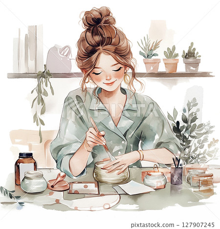 Woman creating handmade cosmetics in a cozy workspace with plants during the daytime Woman creating handmade cosmetics in a cozy workspace with plants during the daytime 127907245