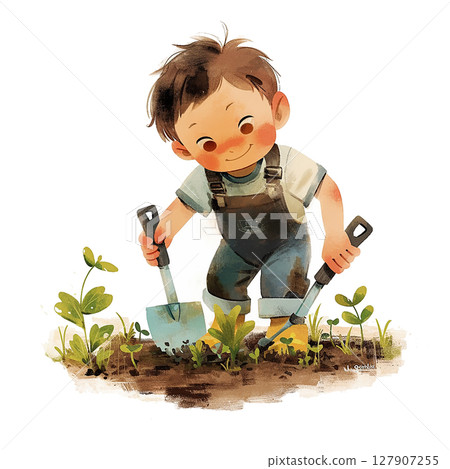 Young boy enjoys gardening while planting vegetables in a sunny outdoor setting during springtime 127907255