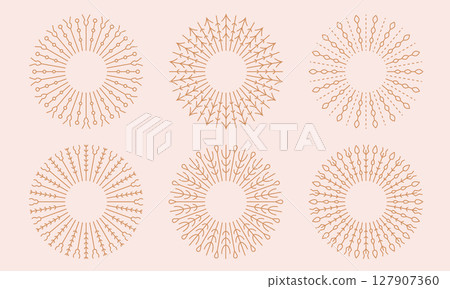 Round floral bohemian sun light, dandelion shapes. Vintage line sunburst, cute boho embroidery, firework vector illustrations. 127907360
