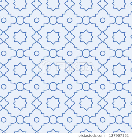 Line abstract minimal arabic geometric seamless pattern. Modern moroccan style oriental lattice grid blue background. 127907361