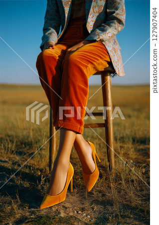 A woman is sitting on a wooden stool in a field 127907404