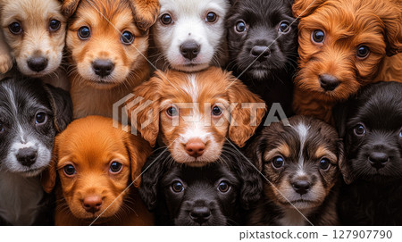 Many dogs faces, featuring a variety of breed. Funny domestic puppies seating together. 127907790