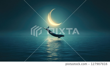 A  whale leaps from the ocean under a crescent moon background. 127907816
