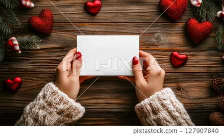 Hands holding a blank card surrounded by red heart. Perfect for romantic occasions. 127907840