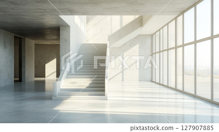 Clean free form concrete geometric interior with stairs and large windows. Architectural space concept. 127907885