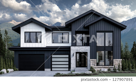 A black and white luxury home with a car garage and black door and a mountains in the background. 127907891