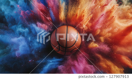 A basketball ball at the center of colored powder explosion. 127907913