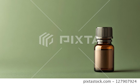 Essential oil in  glass bottle on green background. 127907924