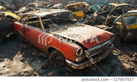 A pile of old damaged cars in a car junkyard. Damaged cars waiting for recycling or destruction. 127907937