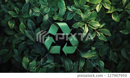 Green recycling sign on the leaves background.... - Stock Illustration ...