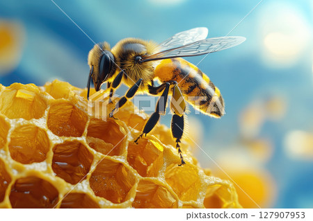 Bee swarming in honeycomb. Insects working in beehive, collecting nectar from pollen of flower. 127907953