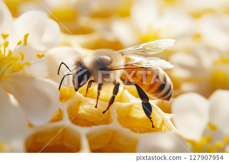 Close up view of the working bee on honey cells. Close up view of the working bee on honey cells. 127907954