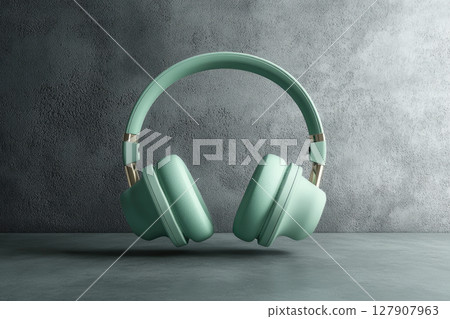 A mint green color headphones floating in front of  concrete background. 127907963
