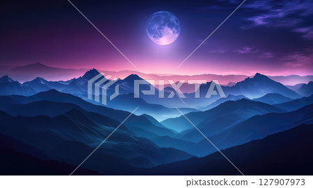 The silhouette of rugged mountains with a full moon hanging delicately above the peaks. 127907973